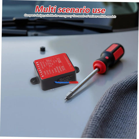 No Sweat Auto Rescue 30G Fire Extinguisher With Super Sticky Back Adhesive For Sedans Trucks And Trailers Self Activating Heat Killer and essential firefighting gear on a vehicle surface.