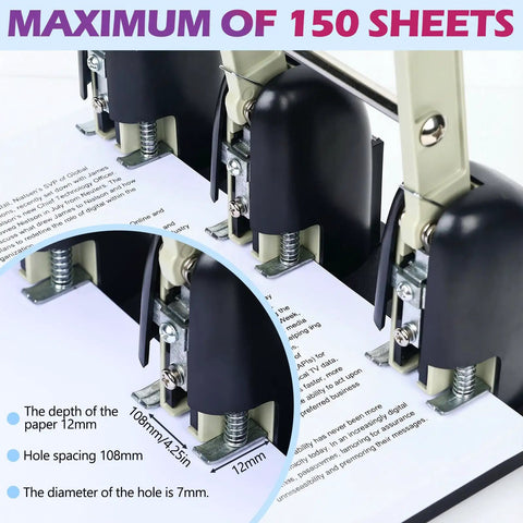 Three Hole Paper Punch For Office And Print Shop, Heavy Duty Metal Construction With Ergonomic Handle, Punches Up To 150 Sheets