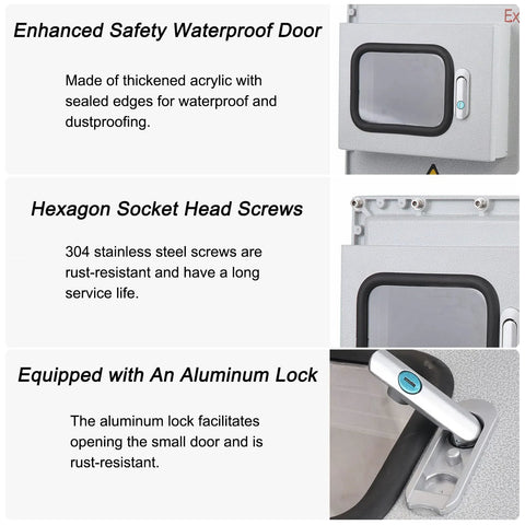 Outdoor IP66 explosion-proof junction box with viewing window, lock, mounting plate, and cast aluminum housing