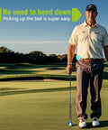 Golfer using 3-Prong Golf Ball Retriever Grabber With Back Saver Claw, Easy On Putter Grip Attachment, at golf course in blue.