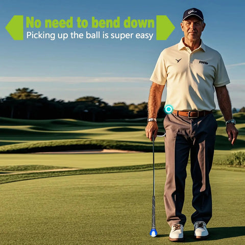 Golfer using 3-Prong Golf Ball Retriever Grabber With Back Saver Claw, Easy On Putter Grip Attachment, at golf course in blue.