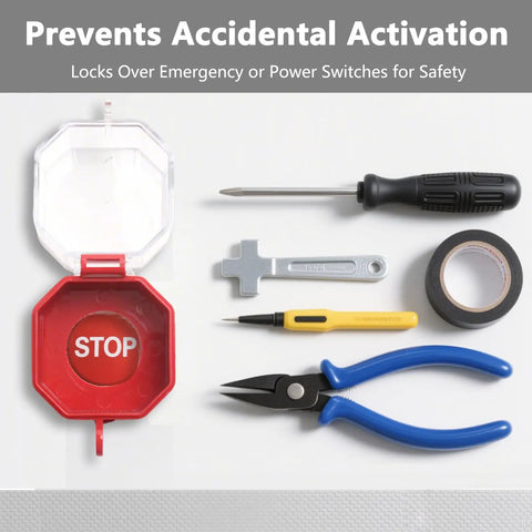 Emergency Stop Button Cover Push Switch Protector Guard shown with tools, red cover with clear view, prevents accidental activation.