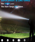 Person using Beast Mode 120,000 Lumens USB Rechargeable LED Flashlight, Waterproof, Compact And Durable in dark forest setting