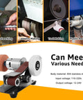 Pro Grade Mini Belt Sander, Electric Knife Sharpener, showcasing its use in metalworking, jewelry making, and tool making.