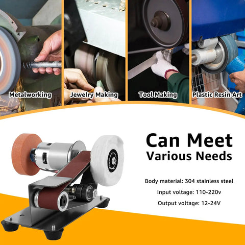 Compact Mini Belt Sander Featuring Seven Adjustable Speeds Hella Smooth Finishing And Precision Knife Sharpening For Metal Jewelry Woodworking And Quick Handyman Repairs Badass Bench Grinder Setup with 304 stainless steel body.