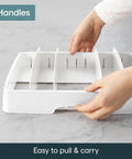 Big Kitchen Cabinet Lid Organizer With Five Adjustable Dividers Gonna Keep Your Pantry Straight No Sweat Sorting Tray For Food Containers Slick Kitchen Helper White showing handles for easy carrying.