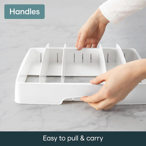 Big Kitchen Cabinet Lid Organizer With Five Adjustable Dividers Gonna Keep Your Pantry Straight No Sweat Sorting Tray For Food Containers Slick Kitchen Helper White showing handles for easy carrying.