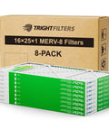 16x25x1 Air Filter 8 Pack MERV 8 Pleated Replacement For Home HVAC AC Furnace shown with packaging box