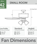 Diagram of the Southern Breeze 42 Inch Brushed Nickel Ceiling Fan With LED Light Kit showing dimensions for small rooms.