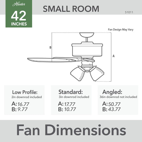 Diagram of the Southern Breeze 42 Inch Brushed Nickel Ceiling Fan With LED Light Kit showing dimensions for small rooms.