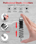Close-up of hand holding Beefy 4Pcs Aluminum Front And Rear 1:10 RC Shock Set, labeled features for 1:10 scale RC cars.