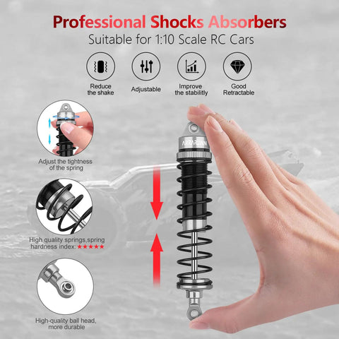 Close-up of hand holding Beefy 4Pcs Aluminum Front And Rear 1:10 RC Shock Set, labeled features for 1:10 scale RC cars.