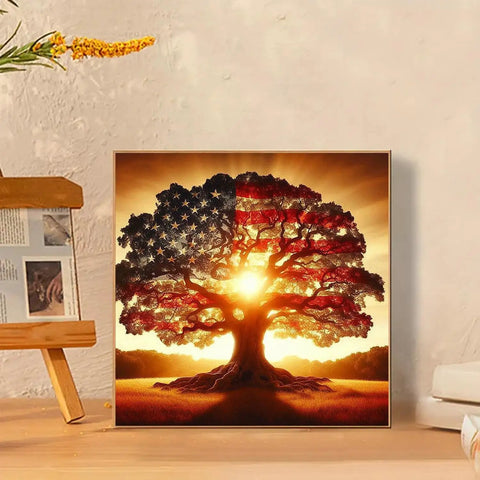 5D Diamond Painting Kit For Beginners With Ancient Tree Full Drill Diamond Art For Adults Round American Flag Dots