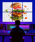 Six Panel Acoustic Wall Pads Featuring Hamburger And Explosion Prints Peel And Stick Sound Absorbing Foam Tiles, colorful burger graphic in gaming studio
