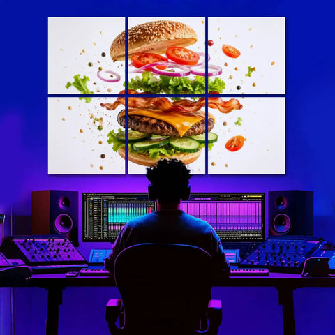 Six Panel Acoustic Wall Pads Featuring Hamburger And Explosion Prints Peel And Stick Sound Absorbing Foam Tiles, colorful burger graphic in gaming studio