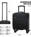 Side view of black 14 Inch Underseat Carry On Luggage With Spinner Wheels And USB Charging Port, Lightweight Wheeled Suitcase For Airlines, Durable Water Resistant Material, Smooth Rollers, Quick Release Handle, Perfect For Men And Women with handle extended, showing dimensions.