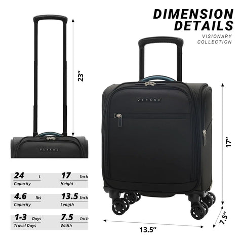 Side view of black 14 Inch Underseat Carry On Luggage With Spinner Wheels And USB Charging Port, Lightweight Wheeled Suitcase For Airlines, Durable Water Resistant Material, Smooth Rollers, Quick Release Handle, Perfect For Men And Women with handle extended, showing dimensions.