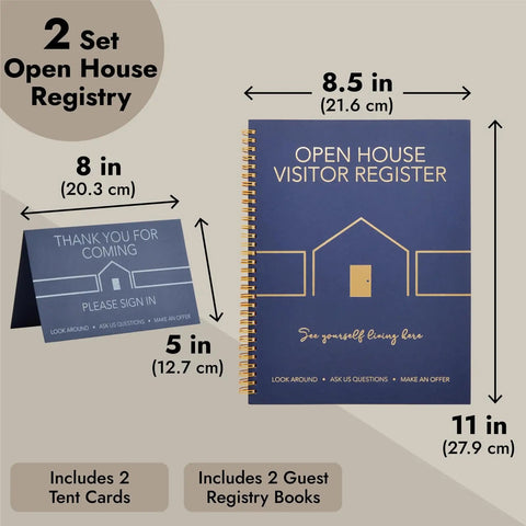 Open House Guest Sign In Book And Realtor Tent Cards Set 2 Pack Navy Blue 8.5 By 11 Real Estate Agent Supplies For Open Houses Home Showings And Client Sign In, showing book dimensions.