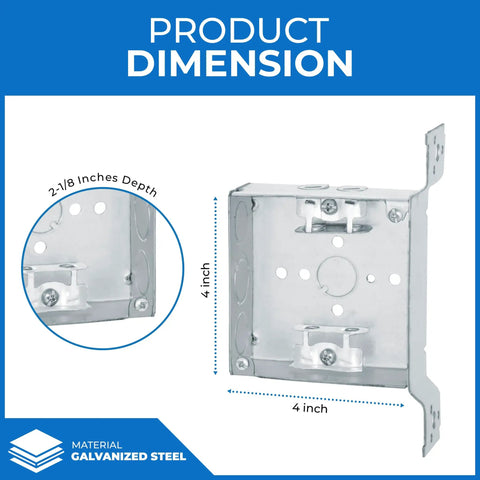 Four Pack Four Inch Welded Square Electrical Box With MC Clamp And Side Bracket Depth Two And One Eighth Inches With One Half And Three Quarter Inch Knockouts Ideal For Lighting Fixtures Switches And Receptacles UL Listed made of galvanized steel, showing product dimensions