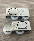 Premium Two Piece Aluminum Double Wheel Roller Hardware featuring slick nylon glide pulleys and sturdy lock blocks for sliding doors.