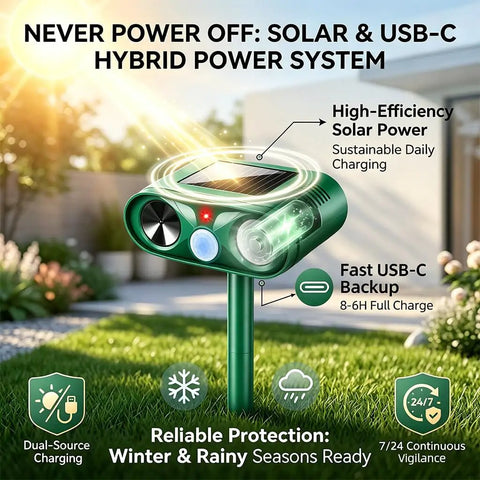 Ultrasonic Deer Repellent For Plants 4 Pack With Solar Power And Motion Sensor Strobe Light Outdoor Animal Deterrent Keeps Deer Rabbits Cats Raccoons And Squirrels Out Of Your Yard And Garden. Solar and USB-C powered device in grass.