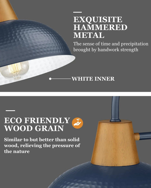 Close-up of Two Pack Dusk To Dawn Barn Lights Gooseneck Outdoor Wall Sconces with hammered metal shade and eco-friendly wood grain.