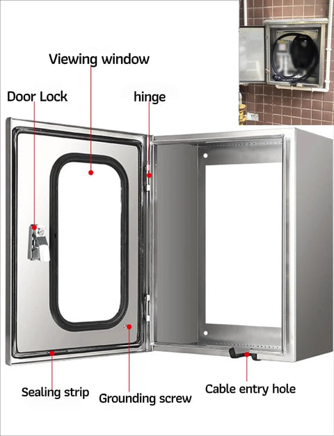 Tough As Nails Outdoor EV Charger Enclosure Wall Mount Box features door lock, viewing window, and cable entry hole.