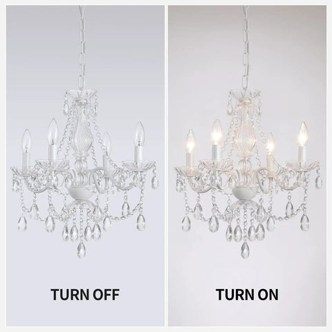 Plug In Crystal Ceramic White Chandelier With Clear Cord And Toggle Switch, Four Light Hanging Pendant Lamp Super Bright For Kitchen Dining Room Foyer Bedroom Instant Glow Up, off and on.