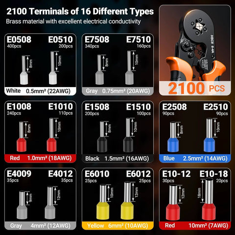 2100Pcs Ferrule Crimping Tool Kit with storage case and self-adjusting ratchet pliers for AWG 23-7, 0.25-10mm2 quadrilateral wire crimp