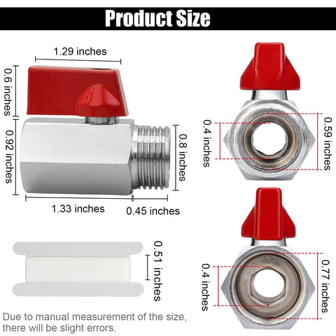 Product size comparison of Brass Mini Ball Valve One Half Inch With PTFE Tape Included NPT Male And Female Shut Off Valves.