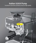 Kickstart Your Day With This Top Shelf 15 Bar Semi Auto Espresso Machine Packing A Sick Built In Conical Burr Grinder And Smooth Steam Wand For Legit Cappuccinos And Dope Lattes At Home Or Work 77 Oz Tank showing Italian ULKA pump and pressure gauge.