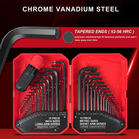 35 Piece Allen Wrench Set With Metric And Standard Hex Keys, Chrome Vanadium Steel, Black Oxide Finish, Durable Heavy Duty Tool Kit For Mechanical, Automotive, And Home Projects, Includes 0.7mm Through 10mm And 0.028 Inch Through Three Eighths Inch Sizes. Red case with metric and inch hex keys