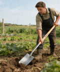 Man using Heavy Duty Garden Pitchfork And Spade Set With 4 Tine Stainless Steel Fork And 47 Inch Long Handle in a garden