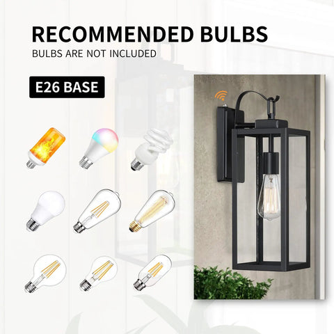 Large Outdoor Wall Light With Dusk To Dawn Sensor, Matte Black Exterior Fixture, Clear Glass Shade, with bulb types