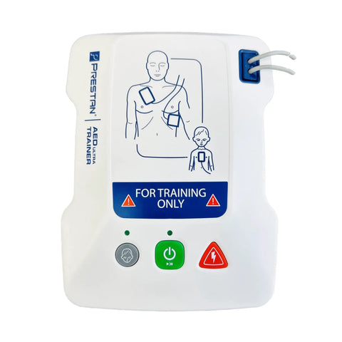 Premium AED Simulator Kit Four Pack Heavy Duty Defibrillator Practice Devices control panel with training indicators and graphics.