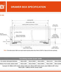 Drafting of drawer box specifications detailing dimensions for Heavy Duty Undermount Drawer Slides 21 Inch Soft Close Concealed Bottom Mount.