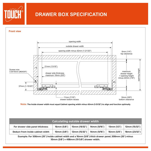 Drafting of drawer box specifications detailing dimensions for Heavy Duty Undermount Drawer Slides 21 Inch Soft Close Concealed Bottom Mount.