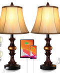 Two Pack Touch Control Traditional Table Lamps With Dual USB Ports, 3 Way Dimmable Bronze Finish Bell Shade Bedside Lighting Set