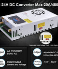Adjustable Power Supply With LED Display 110V 120V To 240V AC 24V DC Converter 480W 20A For 5V 9V 12V 24V Hobbyist Builds