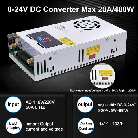 Adjustable Power Supply With LED Display 110V 120V To 240V AC 24V DC Converter 480W 20A For 5V 9V 12V 24V Hobbyist Builds