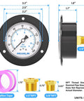 Beefy 0 to 160 PSI Dry Pressure Gauge with Front Flange Panel Mount One Quarter NPT Two and a Half Inch Dial Iron Case Brass Joints