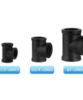 Three black threaded tee fittings in sizes DN15, DN20, and DN25. Heavy Duty 1 Inch Black Threaded Tee Fittings 10 Pack DN25 Internal Thread Cast Malleable Iron