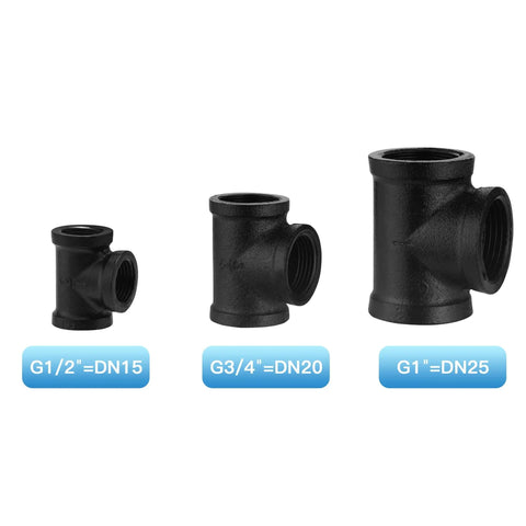 Three black threaded tee fittings in sizes DN15, DN20, and DN25. Heavy Duty 1 Inch Black Threaded Tee Fittings 10 Pack DN25 Internal Thread Cast Malleable Iron