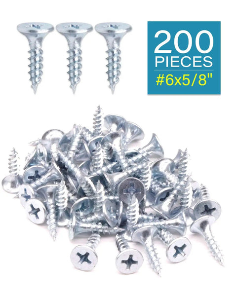 Two Hundred Solid Size Six By Five Eighths Inches Phillips Drive Zinc Coated Carbon Steel Screws Fine Thread Sharp Point for drywall and wood fastening.