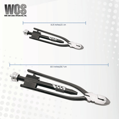 10.5 Inch Safety Wire Pliers with One Pull Action Wire Twister and Stainless Steel Cutter, featuring size comparison diagram.