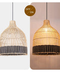 Black Rattan Pendant Light for Kitchen Island and Living Room, Handmade Woven Lampshade Ceiling Fixture shown on and off.