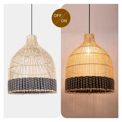 Black Rattan Pendant Light for Kitchen Island and Living Room, Handmade Woven Lampshade Ceiling Fixture shown on and off.