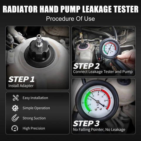 JIFETOR radiator coolant pressure tester kit, 28 pcs, showing adapter installation, pump connection, and pressure gauge reading