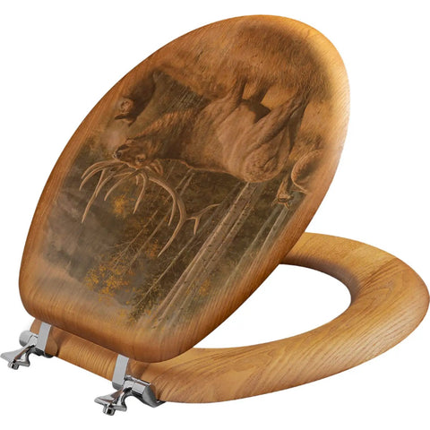 Oak Veneer Round Toilet Seat With Meadow Music Elk Outdoor Image, Ships Fully Assembled, Durable Pigment Ink Print, Fits US Standard Round Toilets