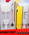 Heavy Duty Toilet Plunger 6 Pack Built With Long 20.5 Inch Handle And Four Inch Cup For Bathroom Drain Unclogging displayed in a public toilet.